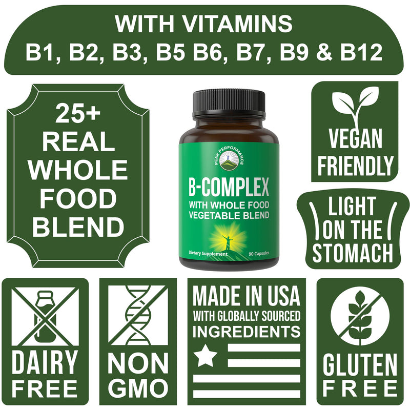 Peak Performance Vegan B-Complex Vitamin Supplements + Whole Food Blend of | 25 Vegetables & Fruits for Max Absorption. B Complex with Vitamins B1, B2, B3, B5, B6, B7, B9, B12. 90 Capsules. Energy Boost