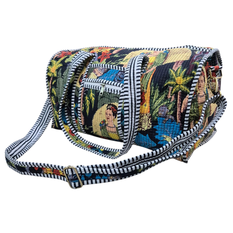 Cotton Quilted Weekender Bag for Women, Large Block Print Duffel Bag with Shoulder Strap, Carry On Overnight Travel Bag for Gym, Beach & Yoga (Midnight Meadow Quilted Duffle) Midnight Meadow Quilted Duffle