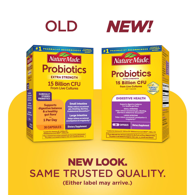 Nature Made Probiotics for Digestive Health, 30 Probiotic Capsules | Extra Strength, 15 Billion CFU from Live Cultures, Probiotics for Women and Men, No Refrigeration Required, 30 Day Supply Unflavored 30 Count (Pack of 1)