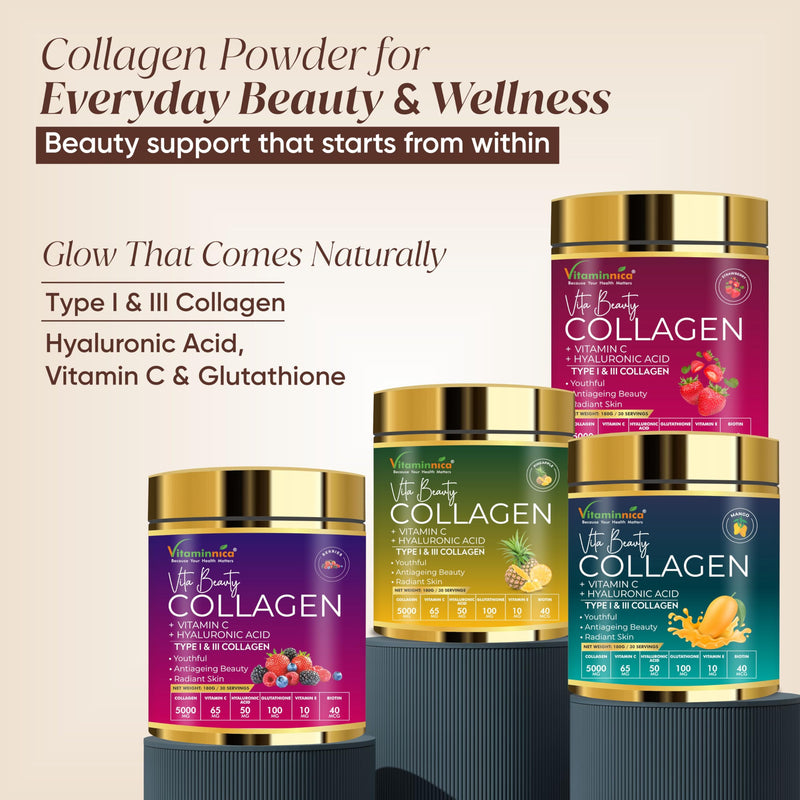 Vitaminnica Vita Beauty Collagen Powder | Type I & III Collagen with Hyaluronic Acid, Biotin, Zinc, & Vitamin C | Supports Skin, Hair, Nails & Joints | 30 Servings (Berries) Mix Berry