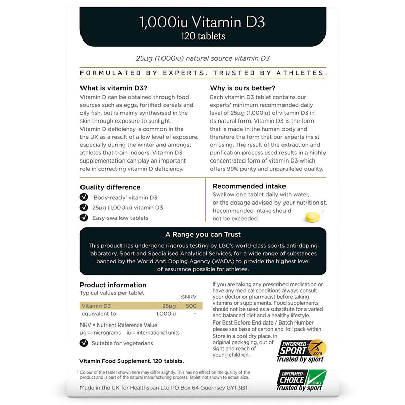 Healthspan Elite Vitamin D3 1,000iu | 120 Tablets | All Blacks Official Partner | Support Immune, Muscle & Bone Health | Informed-Sport Accredited | Vegetarian 1000iu Tablets