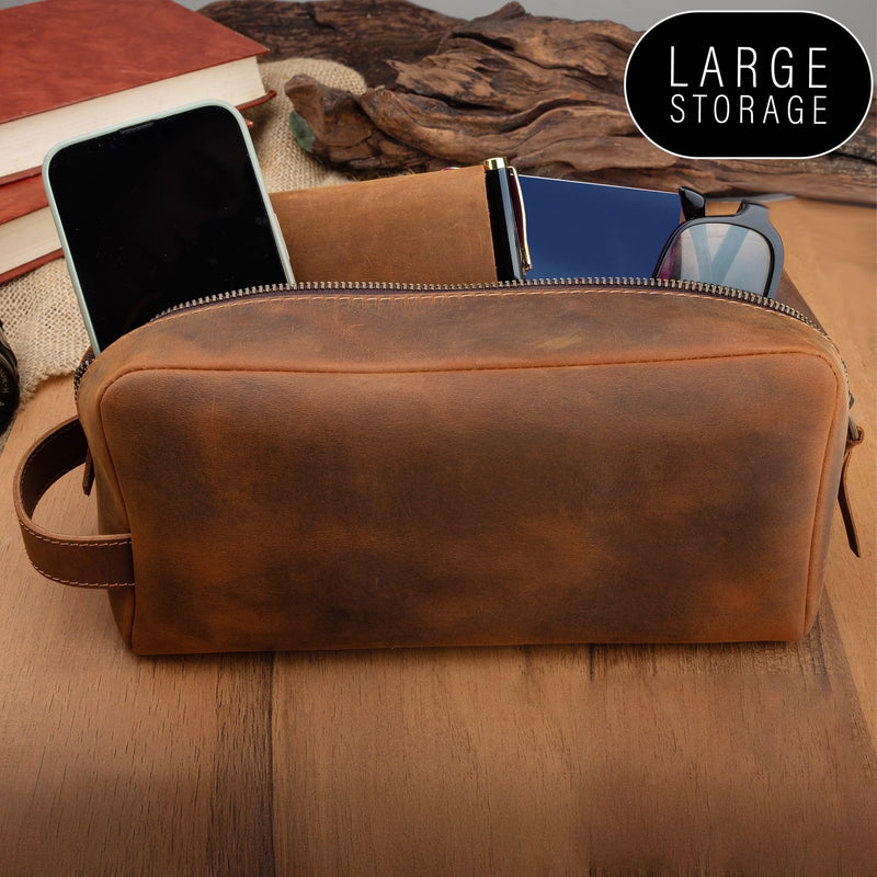 FRED PARKER Leather Toiletry Bag for Men – Dopp Kit, Multiple Purpose Use Travel Organizer, Groomsmen or Christmas Gift, Shaving Bag for Him (Standard, Brown, Medium: 7x3x3) Medium: 7x3x3" Classic