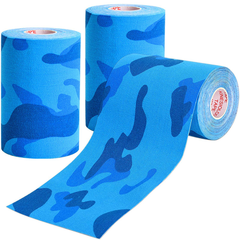 [Australia] - 3 Rolls Kinesiology Tape, Waterproof Elastic Kinesiology Athletic Tape Supports & Protects Muscles, Knees, Shoulders & Plantar Fasciitis, Latex Free Cotton Tape Hypoallergenic - Blue Camo 4in 5.5yd 