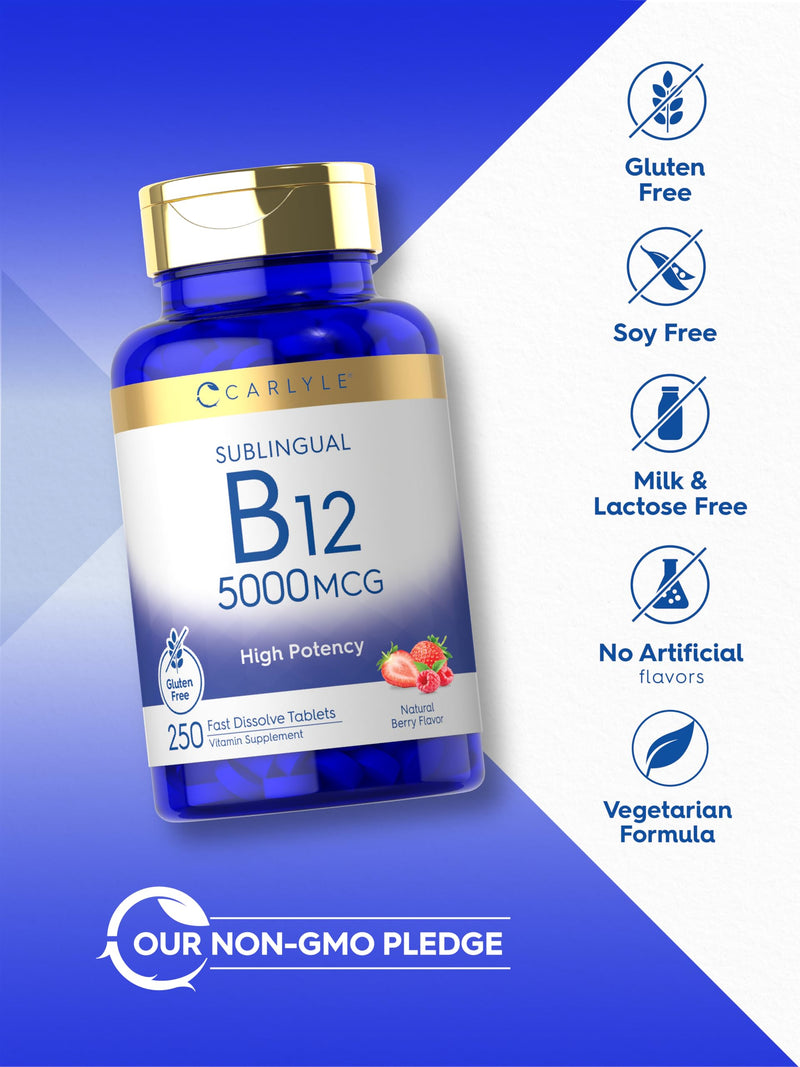 Carlyle B12 Vitamin 5000 mcg Sublingual | 250 Fast Dissolve Tablets | High Potency | Natural Berry Flavor | Vegetarian, Non-GMO & Gluten Free