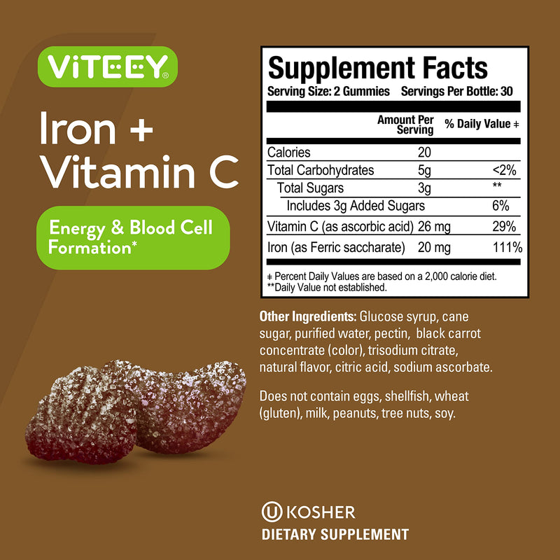 [Australia] - Iron Gummies 20mg + Vitamin C 26mg for Iron Deficiency and Anemia, Supports Energy, Blood Cell Formulation, Blood Builder, Vegan Supplements, Gluten Gelatin and GMO Free, Chewable Grape Gummy Chews 60 Count (Pack of 1) 