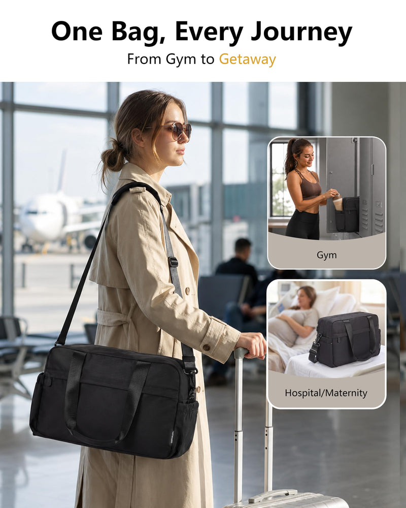 Expandable Travel Bag, Underseat Carry-On Weekender, Black | 15/20L Airline Personal Item Duffel for Women/Men with Shoe Compartment/Wet Pocket/Luggage Sleeve for Gym/Hospital/Maternity