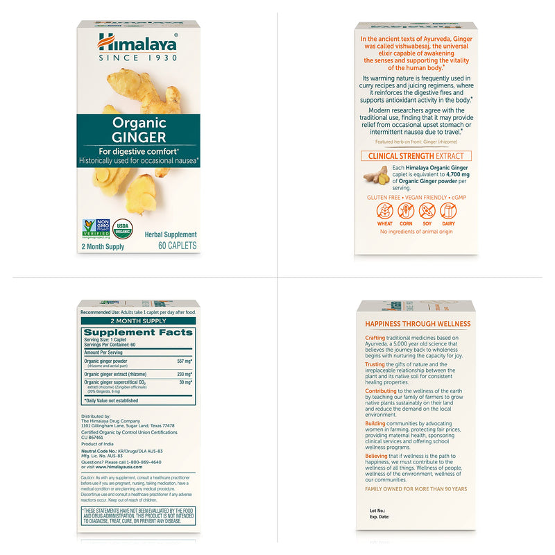 [Australia] - Himalaya Organic Ginger, 60 Day Supply - Digestive Health Supplement for Nausea, Upset Stomach Relief, and Occasional Bloating and Heartburn - USDA Organic, Vegan, Non-GMO, Gluten Free, 60 Caplets 