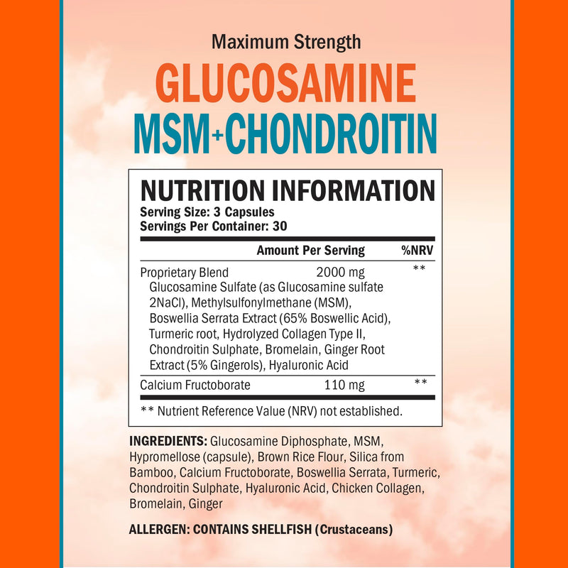 Glucosamine and Chondroitin High Strength | with MSM, Tumeric, Ginger, Boswellia Serrata, Collagen, Hyaluronic Acid & Bromelain | Glucosamine Complex | Third-Party Tested, Gluten-Free | 90 Capsules