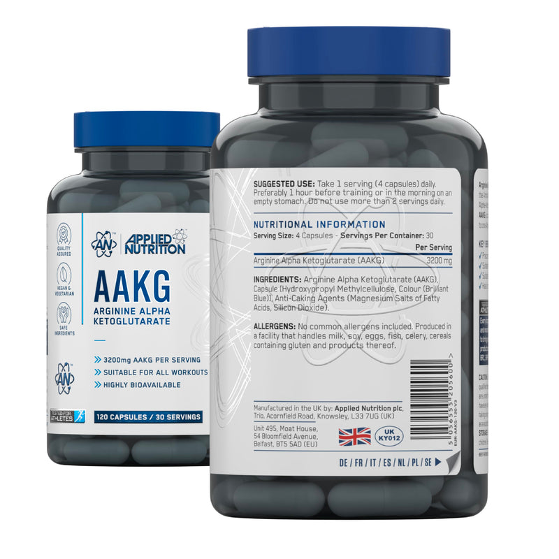 Applied Nutrition AAKG - L Arginine Alpha Ketoglutarate 800mg per Capsule, Nitric Oxide, Pre Workout Energy Boost, Muscle Pump Supplement (120 Capsules - 30 Servings)