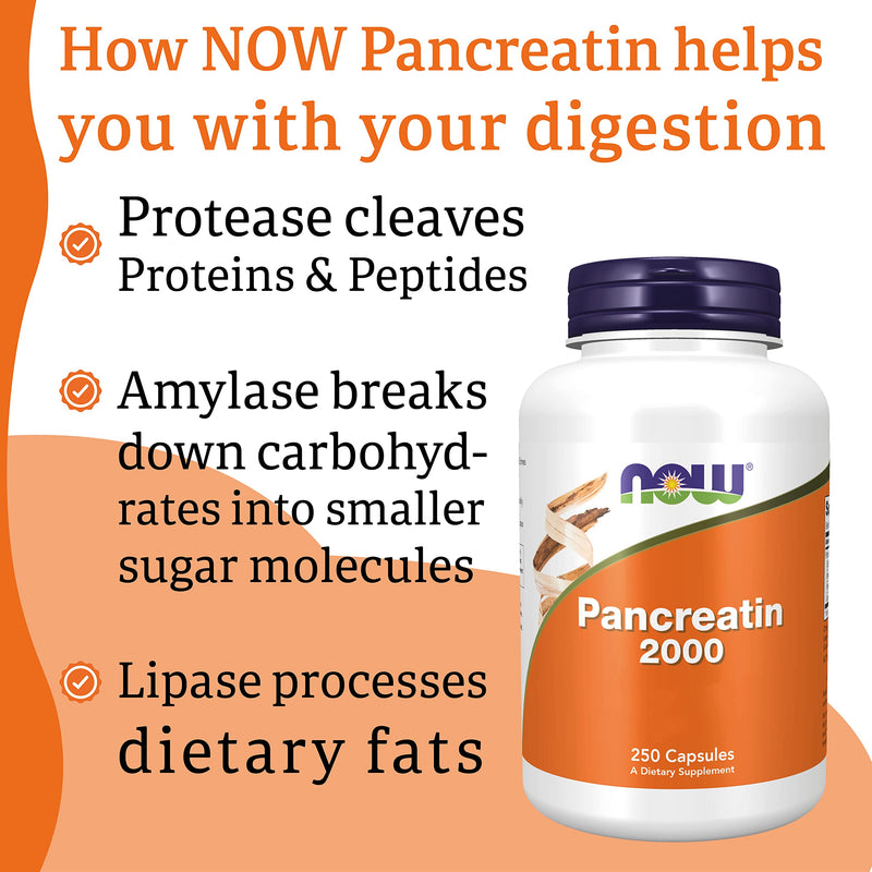 Now Foods, Pancreatin 2000, 200mg, 250 Capsules, Enzyme Blend, Gluten Free, SOYA Free, Non-GMO