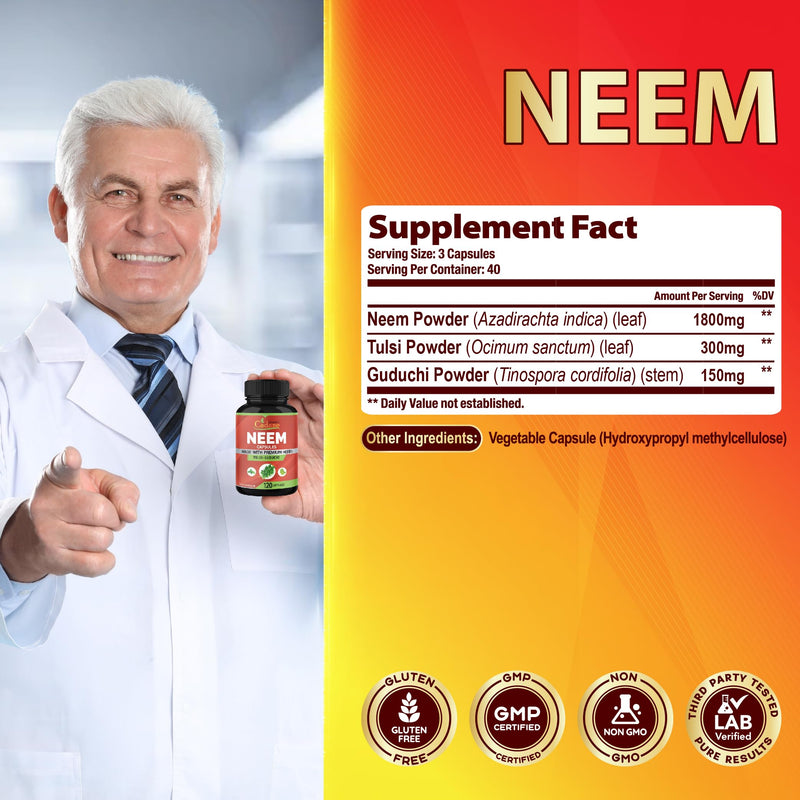 [Australia] - Organic Cadane Neem Leaf Supplements Capsules with Holy Basil Tulsi, Guduchi, 120 Vegetable Capsules | Supports Immune System | Fresh Powder Leaves Herbs 