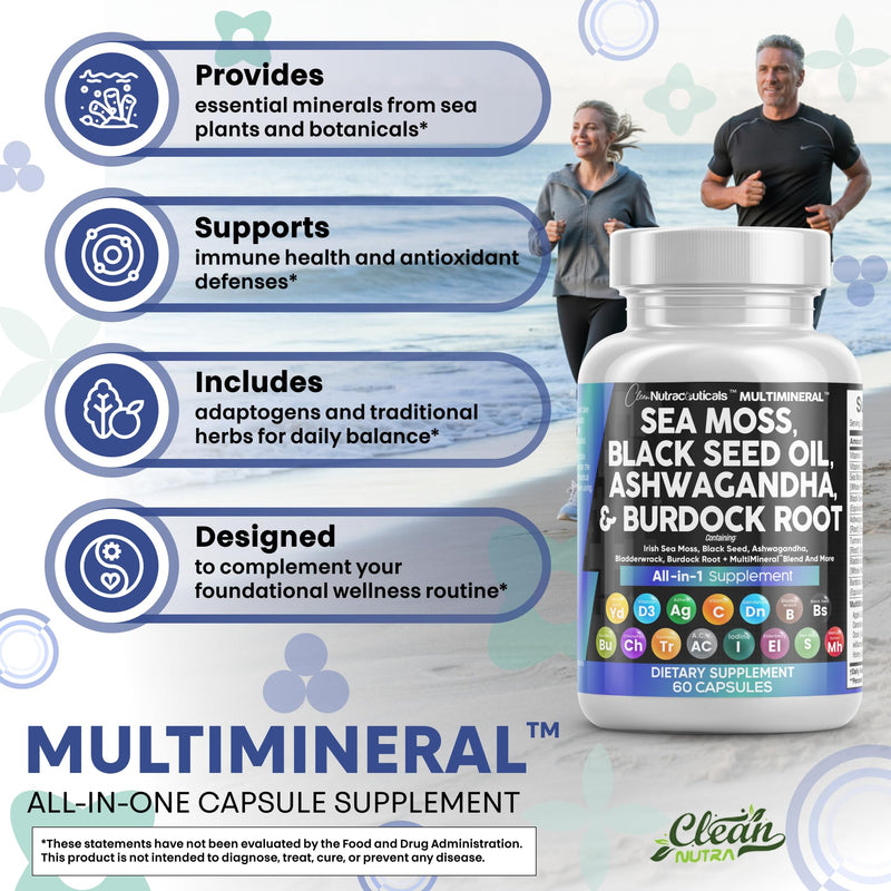 [Australia] - Clean Nutraceuticals Sea Moss Black Seed Oil Ashwagandha Turmeric Bladderwrack Burdock & Vitamin C Vitamin D3 with Elderberry Manuka Dandelion Yellow Dock Iodine Chlorophyll ACV 