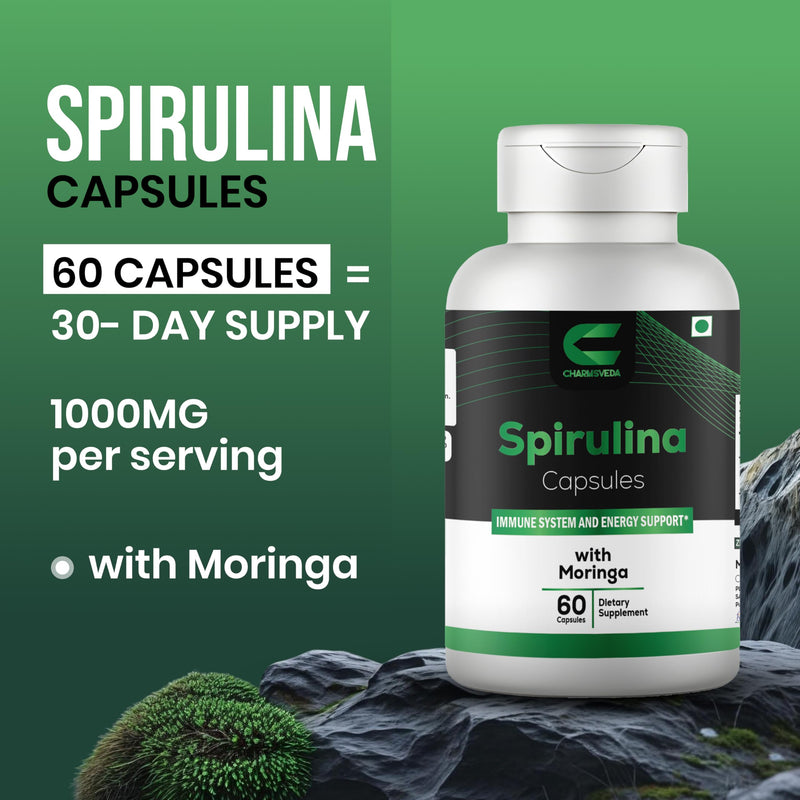 Spirulina Capsules with Moringa | Superfood Supplement for Energy, Immune Support & Daily Wellness | 60 Vegan Capsules