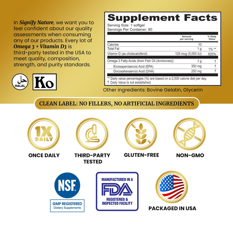 [Australia] - SIGNIFY NATURE Omega 3 Fish Oil Supplement with Vitamin D3 5000 IU - 1000mg Triglyceride Capsules for Brain Health - Omega3 EPA DHA + VIT D 3-90CT 