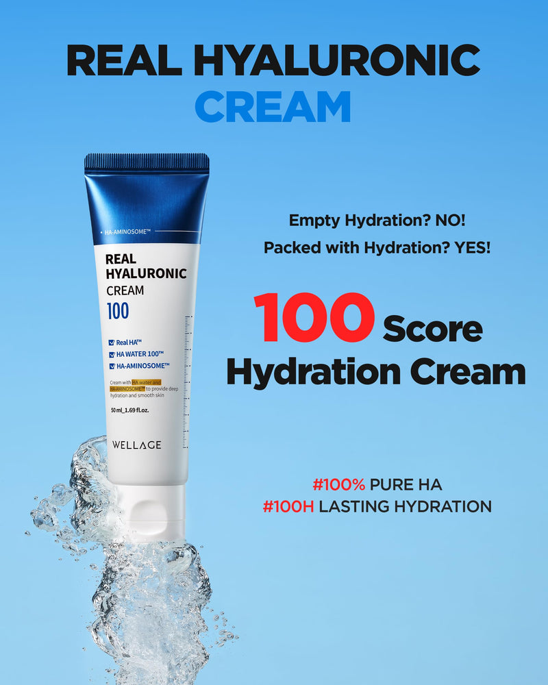 WELLAGE Real Hyaluronic Cream 100, Pure Hyaluronic Acid Korean Face Moisturizer with Ceramide Panthenol Squalane Vitamin B5 Niacinamide - Hydrating face moisturizer, Hypoallergenic, 1.69oz. | Hyaluronic Acid, Panthenol, Deep Hydration, Moisturization, ...