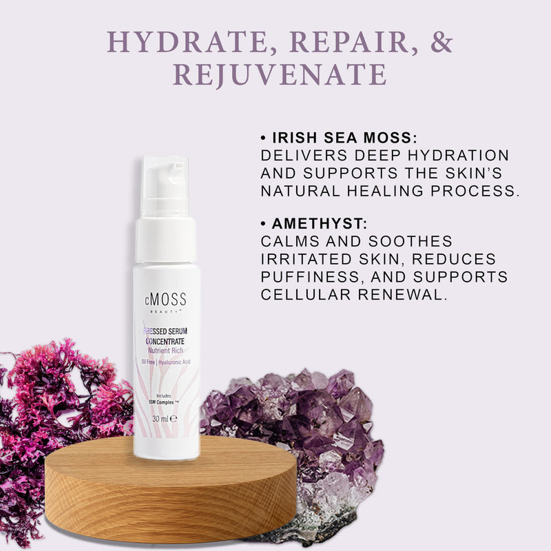 Sea Moss Infused Pressed Serum Concentrate with Hyaluronic Acid, Oil-Free, Vegetable Ceramides, and Vitamins A,C,E to Plump and Tighten Skin – Anti-Age for All Skin Types