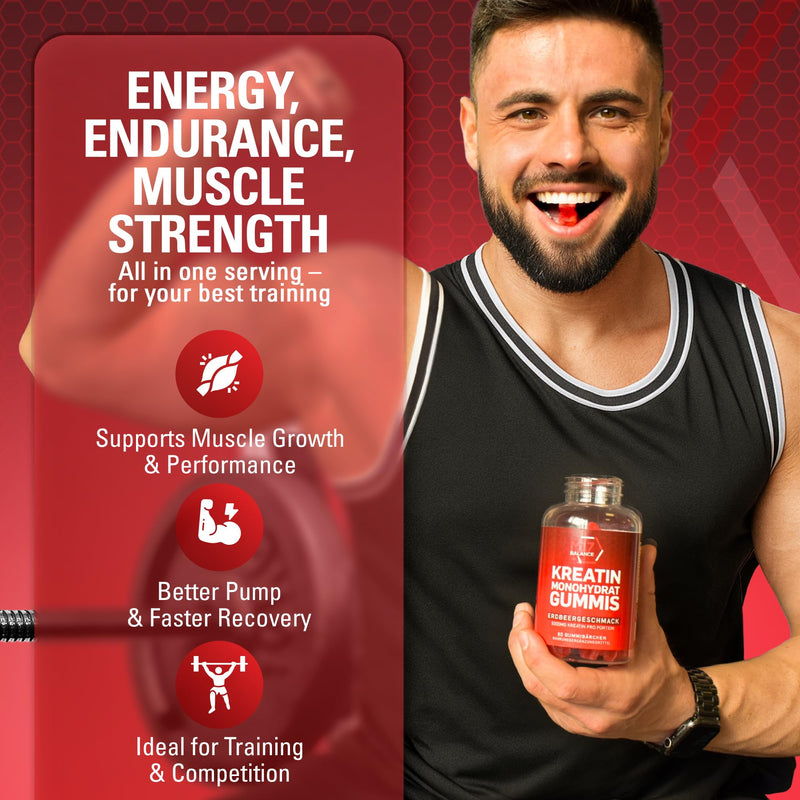Creatine Monohydrate Gummy Bears - 5000 mg Creatine with BCAAs & L-Carnitine per Dose - for Muscle Building - Sugar Free, Anti-Melt Formula, Vegan, Gluten Free - 30 Servings (90 Count, Strawberry) 90 count (Pack of 1)