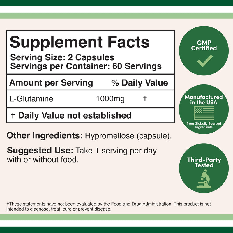 [Australia] - L Glutamine Capsules - No Fillers (1000mg Servings, 120 Capsules) Non-GMO, Gluten Free, Keto Safe, Vegan Friendly, Third Party Tested (for Endurance and Gut Health) by Double Wood 