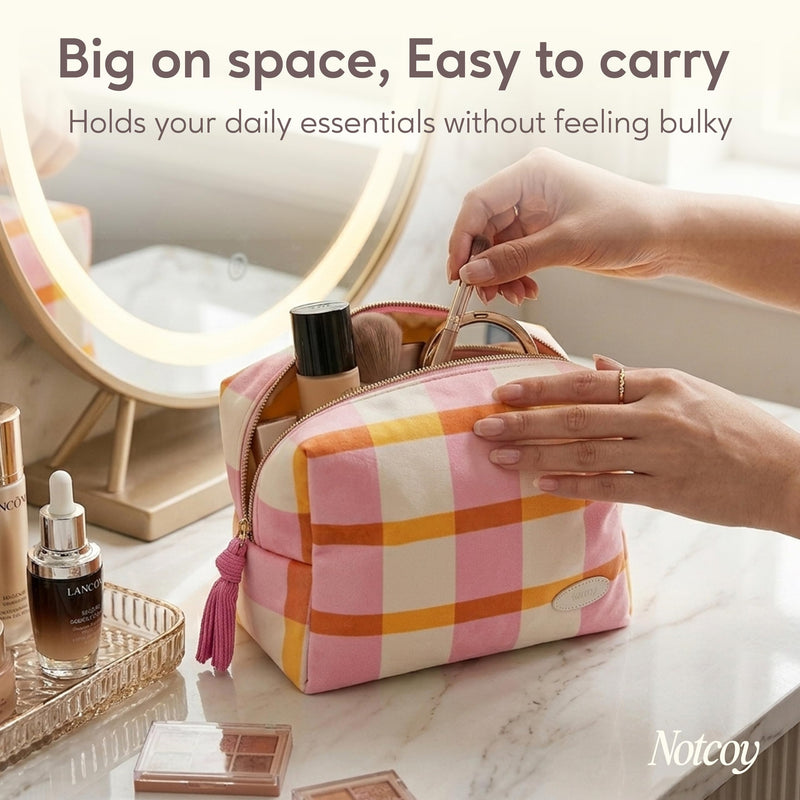 Velvet Makeup Bag with 2 Inner Pockets, Zipper Cosmetic Pouch and Travel Organizer for Makeup, Toiletries, Accessories, and Jewelry - Pink Checkered Pink Picnic Large Pouch
