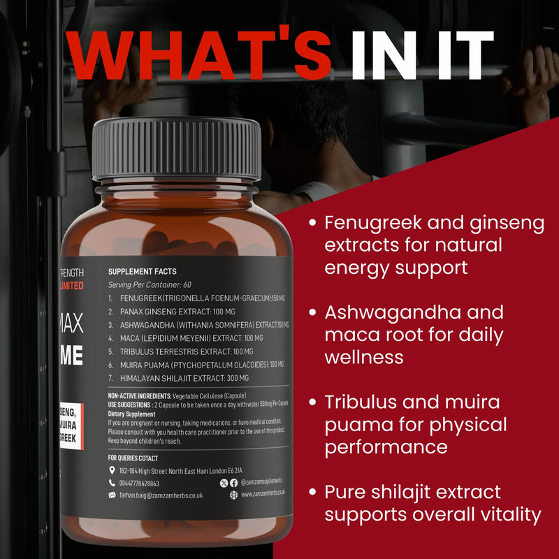 Vitality Max Supreme - Premium Vitality Health Supplement with Fenugreek, Panax Ginseng, Ashwagandha, Maca, Tribulus Terrestris, Himalayan Shilajit - 120 Vegan Supplements Capsules