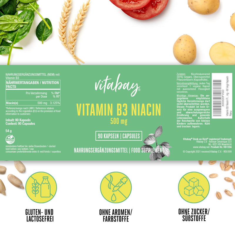 [Australia] - Vitabay Vitamin B3 Niacin 500 mg - 90 Vegan Flush Free Niacinamide Capsules - Vitamin B3 High Dose Niacinamide - Laboratory Tested & No Unwanted Additives 90 Pieces (Pack of 1) 