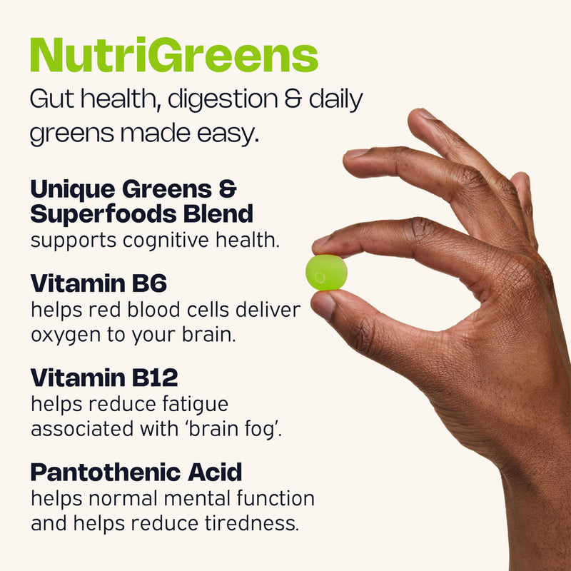 Nutriburst - NutriGreens - 22 Fruits + Vegetables + Herbs + Mushrooms + Live Bacteria Cultures - Boosted with Vitamins: Zinc, VIT C, D3, B5, B6, B12-60 Gummies 1 Month Supply - Suitable for Vegans Greens + Probiotics 60 count (Pack of 1)