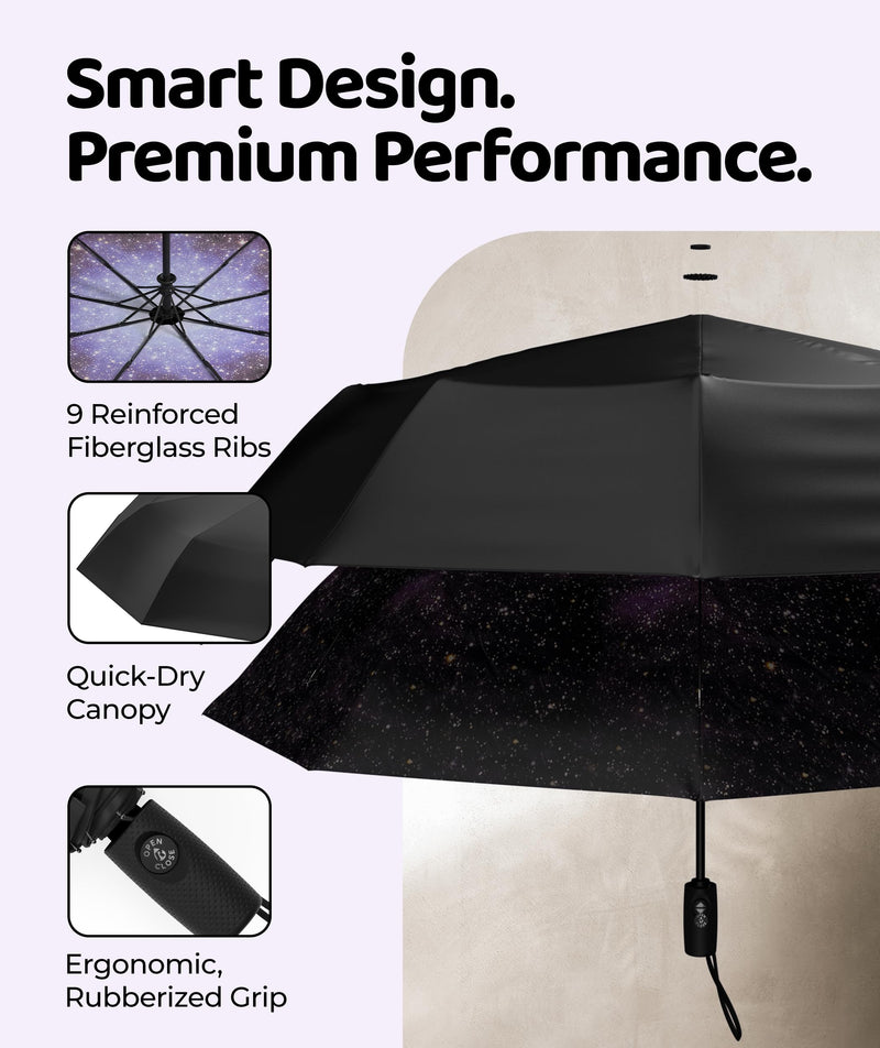 Windproof Travel Umbrella - Compact & Withstands Winds up to 100MPH, Strongest Premium Auto Folding Umbrella for Rain and Sun - Durable, Light & Portable for Women & Men, Fits Backpack & Cars Starry Night Standard