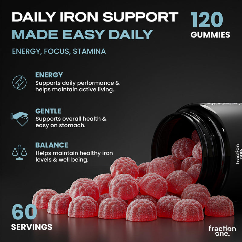 Fraction One Iron Gummies – 120 Gummies – with Vitamin C, Folic Acid, Vitamin B12 & Zinc – Iron Bisglycinate & Beetroot Powder - Vegetarian & Vegan Friendly – Cherry Flavour – 60 Days Supply