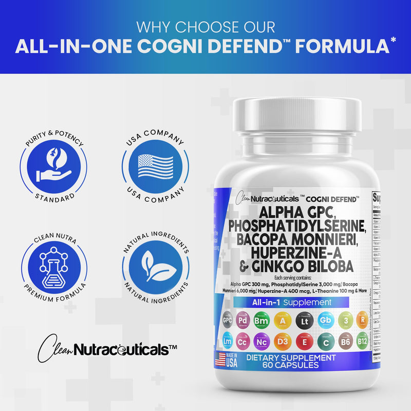 [Australia] - Clean Nutraceuticals Alpha GPC Choline 300mg Phosphatidylserine 3000mg Bacopa Monnieri 6000mg Ginkgo Biloba 2000mg Huperzine A 400mcg Supplement with Urdine Lions Mane Cats Claw NAC Vitamin C B D E 