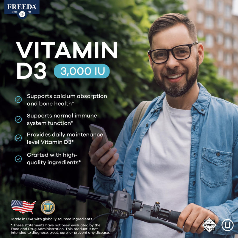 FREEDA Vitamin D3 3000 IU Supplement for Bone Support – 250 Tiny Tablets | Supports Bone, Muscle & Immune Health – Helps Calcium Absorption – Easy-to-Swallow Tiny Tablets, Kosher, & Gluten-Free 250 count