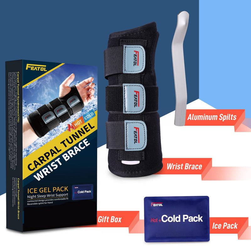[Australia] - FEATOL Wrist Brace Carpal Tunnel, Night Support Brace with Wrist Splint, Adjustable Straps, Hot/Ice Pack for Women and Men, Left Hand, Medium/Large, Tendinitis, Arthritis, Pain Relief Medium/Large (Pack of 1) Left Hand-Gel Pack-Black 