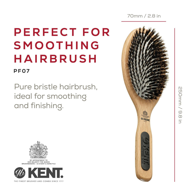 Kent PF07 Extra-Large 100% Boar Bristle and Non-Scratch Nylon Mix Cushion Brush - Wooden Detangling and Oval Smoothing Paddle Brush for Thin Hair - Made in England