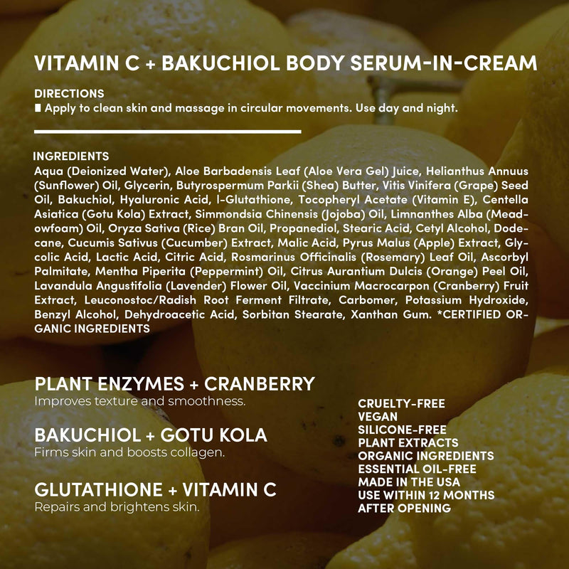 Fitglow Beauty Vitamin C + Bakuchiol Body Serum-in-Cream, 200ml | Anti-Aging Body Skincare, Smooths, Firms & Hydrates for Radiant Skin, Plant-Based Retinol Alternative