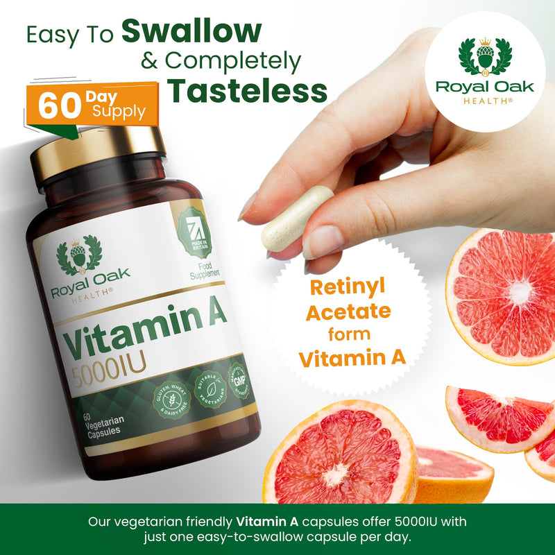 Vitamin A 5000IU | 60 Vegan Capsules | Retinyl Acetate | Supports Vision, Skin & Immune Function | Gluten & Dairy Free | Made in Britain