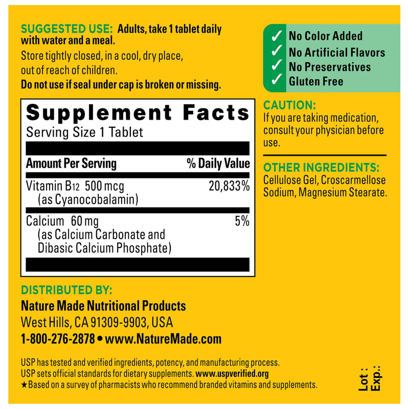 Nature Made Vitamin B12 500 mcg for Energy Metabolism Support, 200 Tablets | B12 Vitamins 500 mcg, Help Support Energy Metabolism, Brain Cell Function and Healthy Aging, Gluten Free, 200 Day Supply 200 Count (Pack of 1)