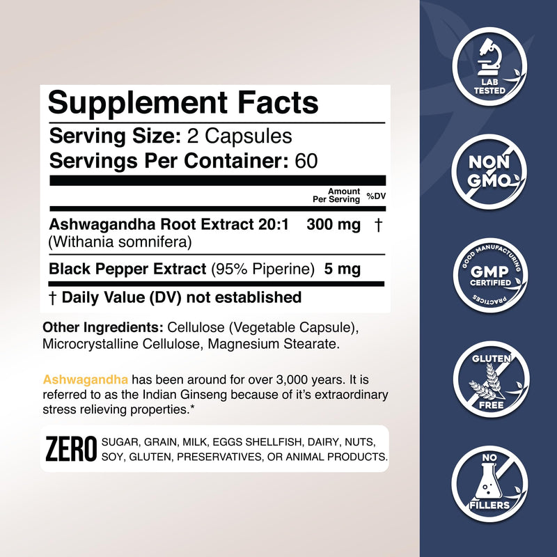 Gade Nutrition Ashwagandha Supplements - Extra Strength, ashwagandha Powder Capsules with Black Pepper, Natural Mood, Focus, and Energy Support Supplement, 120 Veggie Capsules, USA Made 120 Count (Pack of 1)