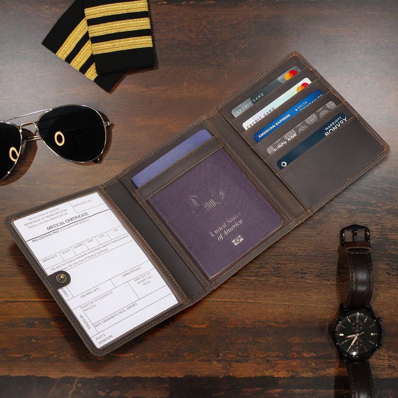 Polare Full Grain Leather Pilot Wallet Passport Holder RFID Blocking Trifold Wallet for Men Travel Cover Document Organizer for Aviation Professionals Dark Brown