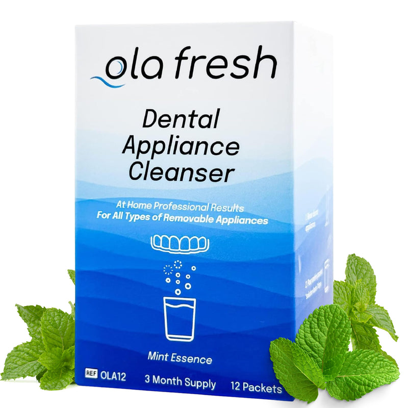 Ola Fresh Dental Appliance Cleanser, Professional Denture and Retainer Powder Cleanser (Mint Essence Flavor, 24 Packets, 3 Month Supply) ~3 Month Supply