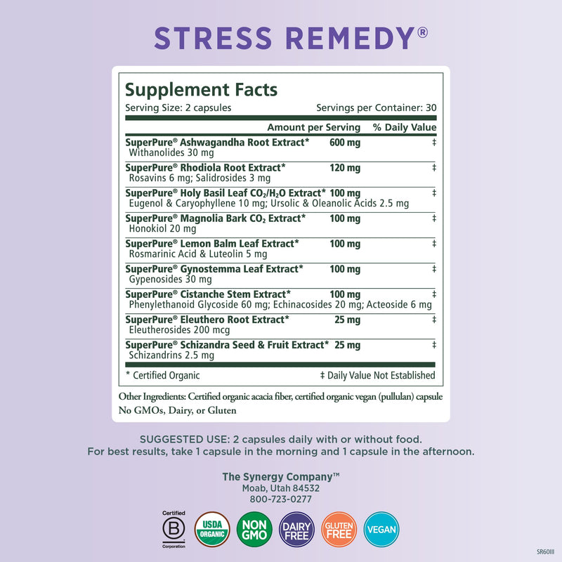 [Australia] - PURE SYNERGY Stress Remedy | Stress Relief Supplement with Ashwagandha | Organic Adaptogen Support from Rhodiola, Lemon Balm, and Holy Basil | for Stress, Adrenal Health, and Mood (60 Capsules) 