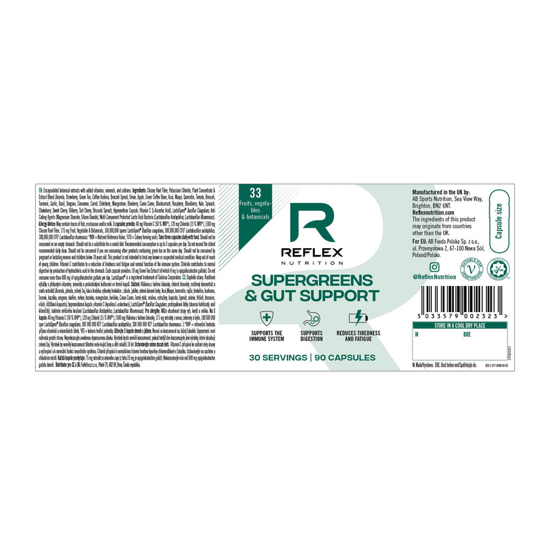 Reflex Nutition Supergreens & Gut Support - 33 Active Ingredients - Prebiotics, Probiotics, Vitamins & Minerals - Immune Support, Reduce Fatigue & Bloating - Vegan Gut Health Supplement (90 Capsules)