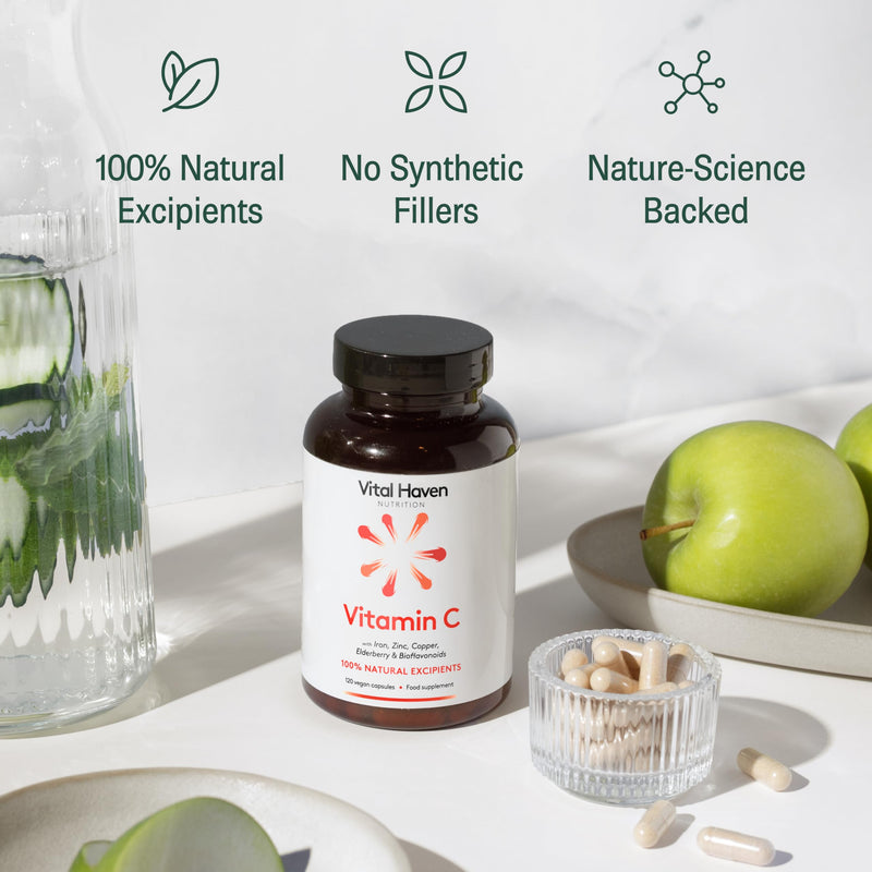 Vitamin C Supplement: Non-Acid VIT C + Iron/Zinc/Copper/Calcium with Citrus Bioflavanoids & Elderberry - UK Made