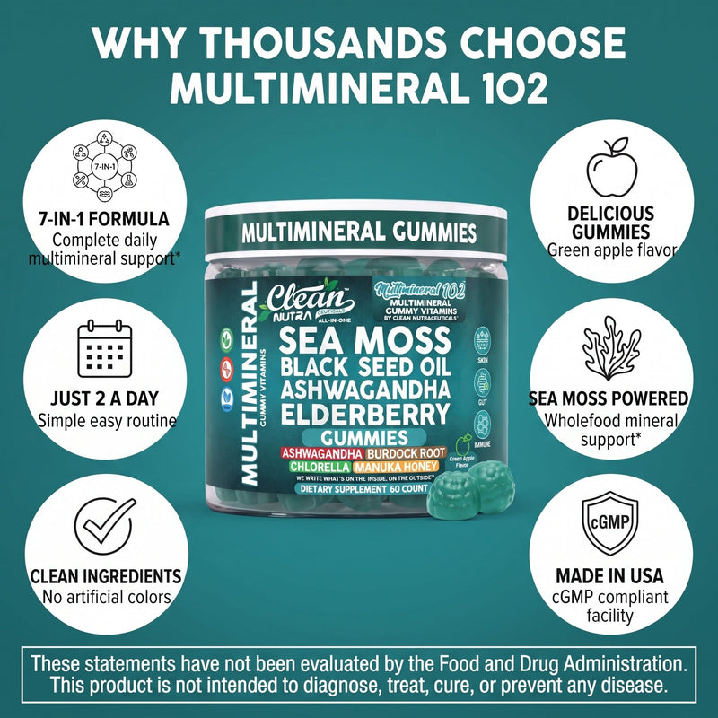 Sea Moss Gummies | Clinically Tested - Black Seed Oil Ashwagandha Elderberry Burdock Root Chlorella Manuka Honey - Vegan Irish Sea Moss Gummy Vitamins for Adults Kids Men Women - Green Apple Flavor 1
