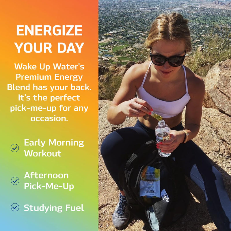 [Australia] - Wake Up Water - Energy + Hydration Packets (15 Pack), Orange Flavor - Electrolytes Powder Drink Mix w/Natural Caffeine, Electrolytes, B Vitamins - 5 Calories, Sugar Free, Gluten Free - .10 oz (2.9g) 
