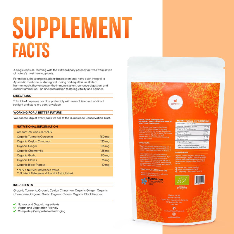 Organic Supplement Superfoods | 120 Natural Capsules | Multi-Blend of 7 Super Plant | Turmeric, Ceylon Cinnamon, Ginger, Chamomile, Cloves, Garlic, Black Pepper for Optimal Immune and Digestive Health