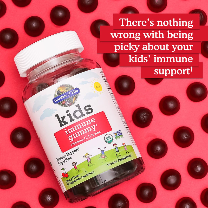 [Australia] - Garden of Life Kids Immune Support Gummies with Vitamin C, D as D3 & Zinc for 3-in-1 Daily Children’s Immunity – Organic, Non-GMO, Gluten-Free, Vegetarian, Sugar Free, Cherry Flavor, 30 Day Supply 60 Count (Pack of 1) 