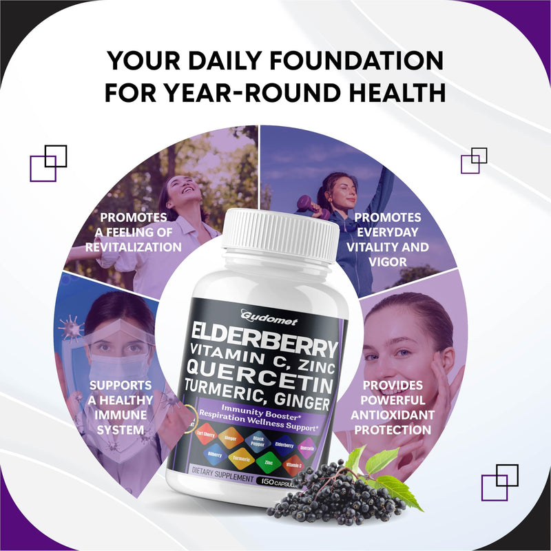Elderberry Quercetin Bilberry Turmeric Tart Cherry Ginger Vitamin C Vitamin D3 Zinc Black Pepper -150 Capsules 150 count (pack of 1)