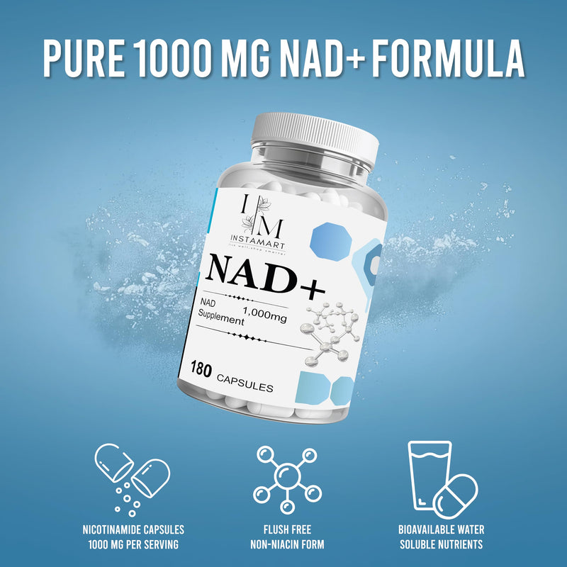 INSTAMART NAD Supplements for Women & Men (180 Capsules) Organic NAD + Supplement 1000mg Serving | Similar to Nicotinamide Riboside | Advanced Formula for Cellular Health, Stamina & Healthy Aging
