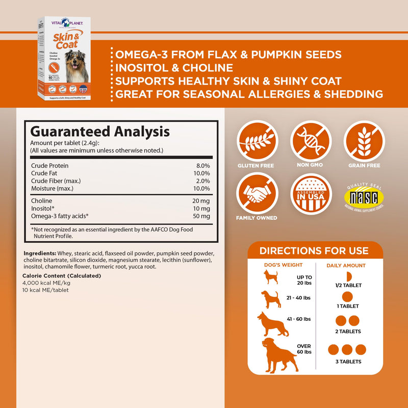 Vital Planet - Skin and Coat Supplement for Dogs with Choline, Inositol, Pumpkin, Flax and Omega-3 Oils to Support a Soft Shiny Healthy Coat and for Seasonal Allergies - 60 Chewable Tablets - PawsPlanet Australia