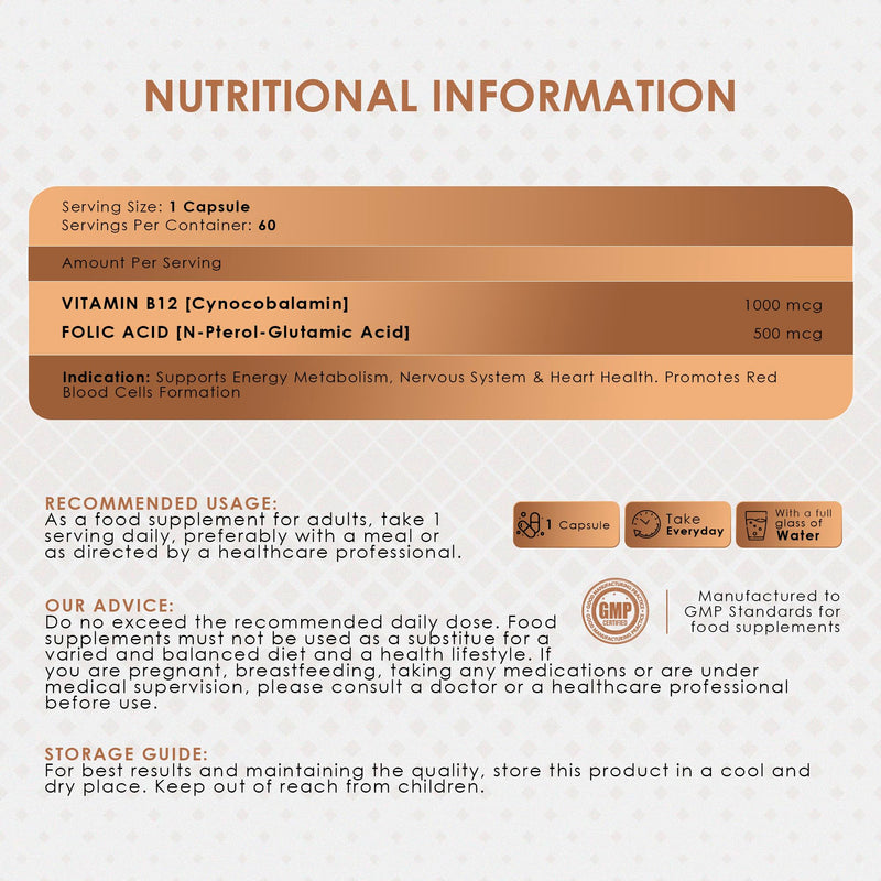 Ambrosial Vitamin B12 1000 mcg and Folic Acid 500 mcg | High Strength B12 (Cyanocobalamin) and Folic Acid Capsules | Vegan, Non-GMO, Easy to Swallow | Pack of 2-120 Capsules