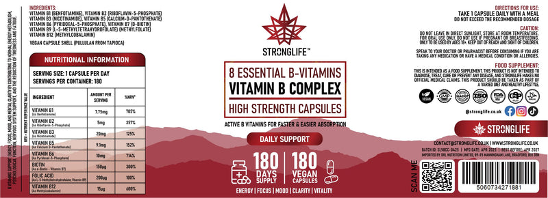 Vitamin B Complex Capsules 2000mg - 180 Vegan Capsules – High Strength – 180 Days Supply – for Men & Women